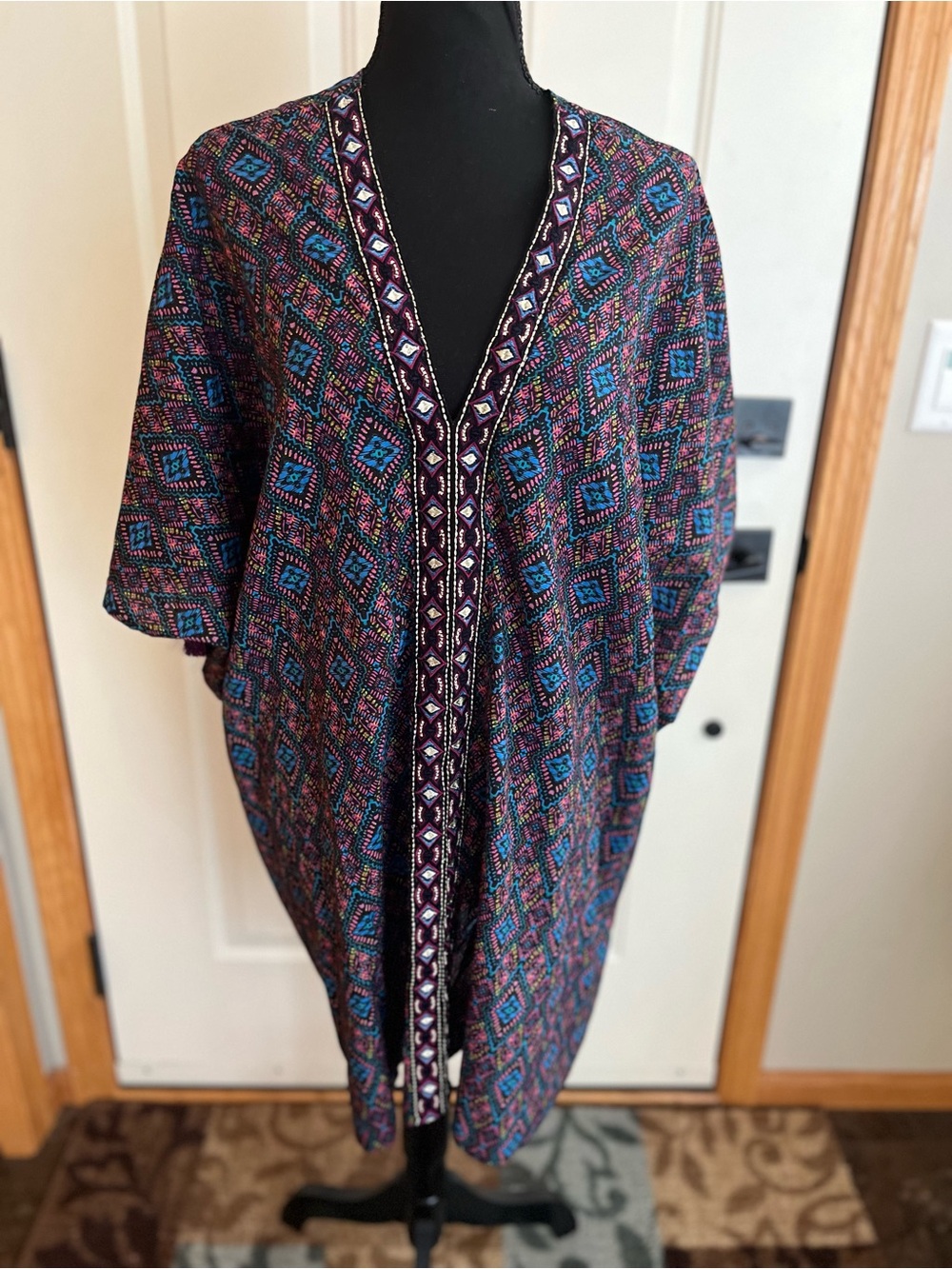 Miraclesuit cotton black pink blue caftan swim cover up with tassels. Medium